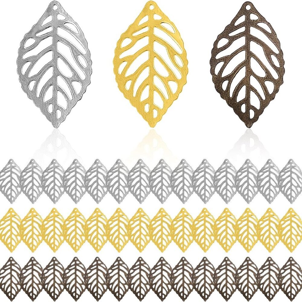 300Pcs Hollow Leaf Charms Oranaments Pendants, Metal Filigree Leaf Crafts Pendan